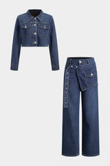Denim Button Long-Sleeve Top And High Waist Asymmetrical Jeans Set