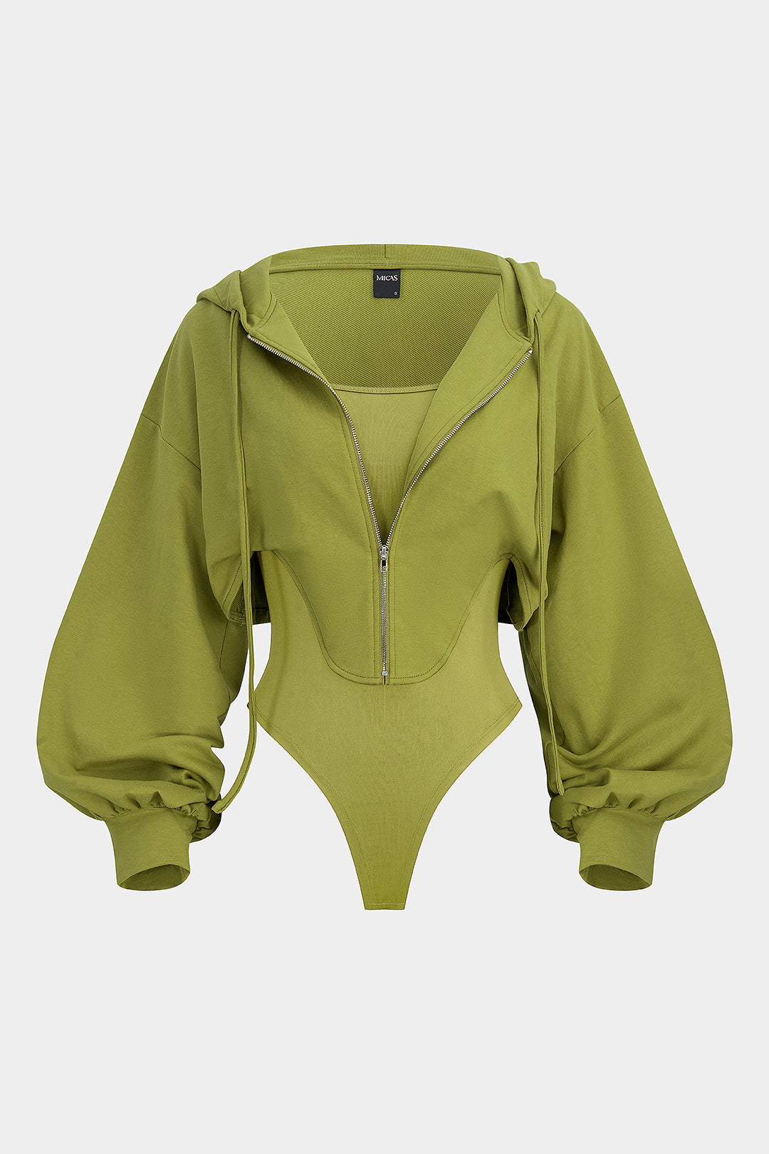 Contrast Hooded Zipper Drawstrings Long-Sleeve Bodysuit