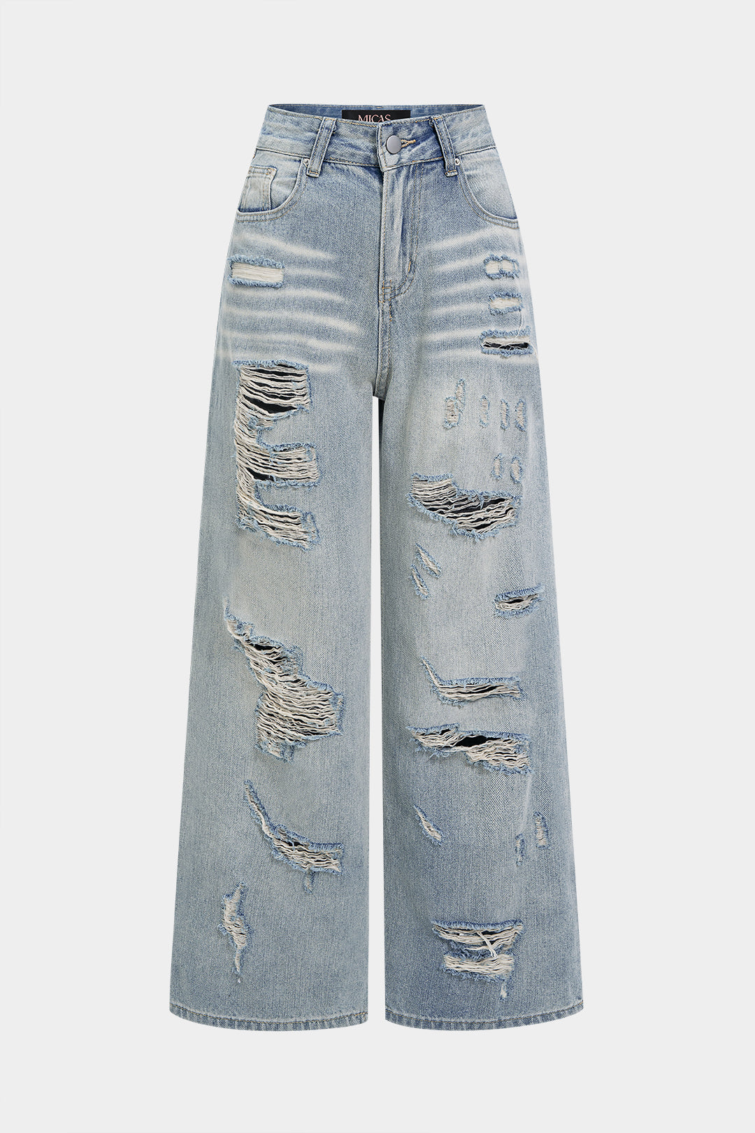 Denim Asymmetrical Ripped High Waist Straight Leg Jeans