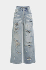 Denim Asymmetrical Ripped High Waist Straight Leg Jeans