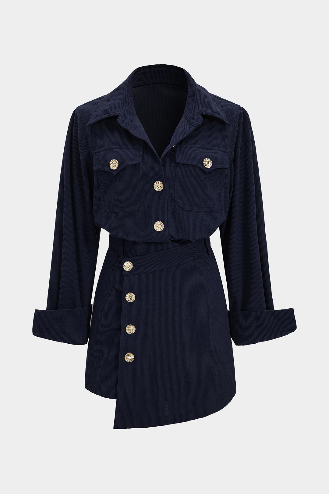 Corduroy Button Long-Sleeve Shirt And Button Skirt Set