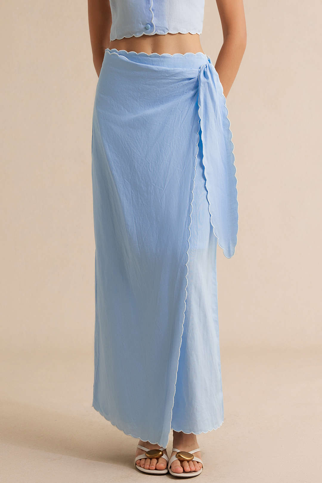 Contrast Whipstitching Linen Tie Front Wrap Skirt
