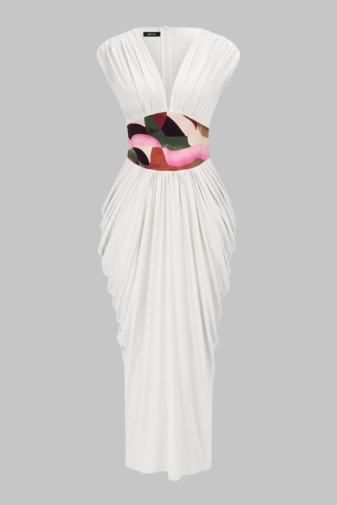 Abstract Print V-Neck Ruched Zipper Sleeveless Maxi Dress