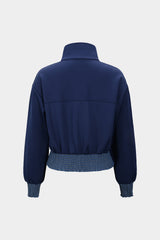 Contrast Print Denim Patchwork Smocked Zipper Jacket
