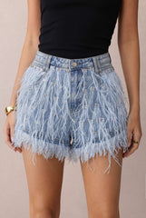 Denim Rhinestone Feather Frayed Wide Leg Shorts
