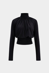 Basic Faux Leather High Collar Wrinkled Long Sleeve T-Shirt