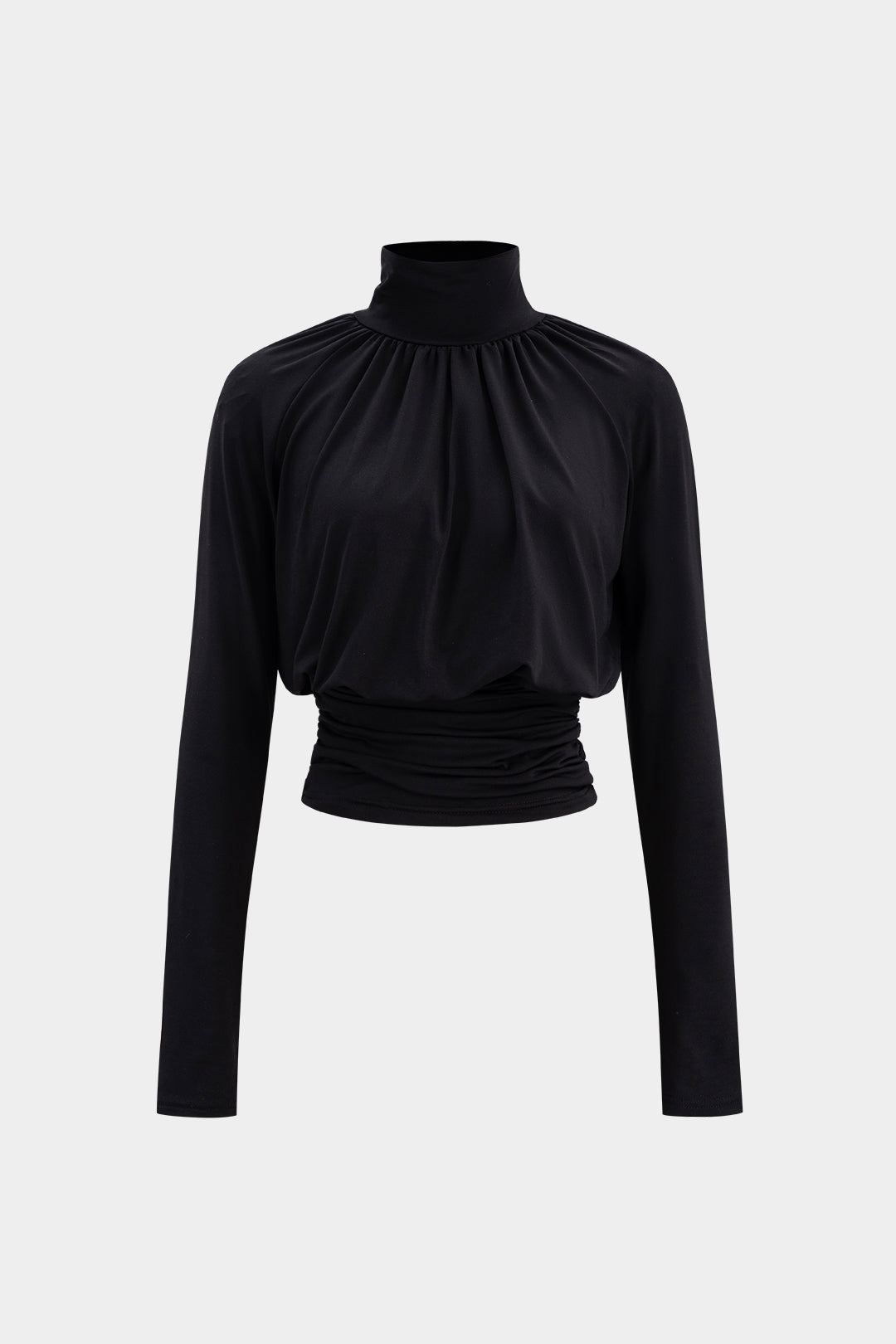 Basic Faux Leather High Collar Wrinkled Long Sleeve T-Shirt