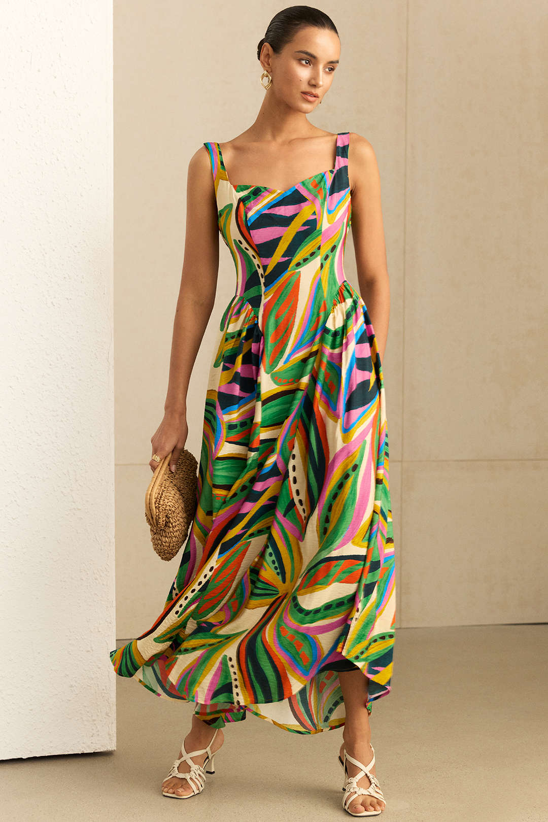Abstract Print Ruched Sleeveless Maxi Dress