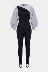Contrast Round Neck Asymmetrical Long Sleeve Jumpsuit
