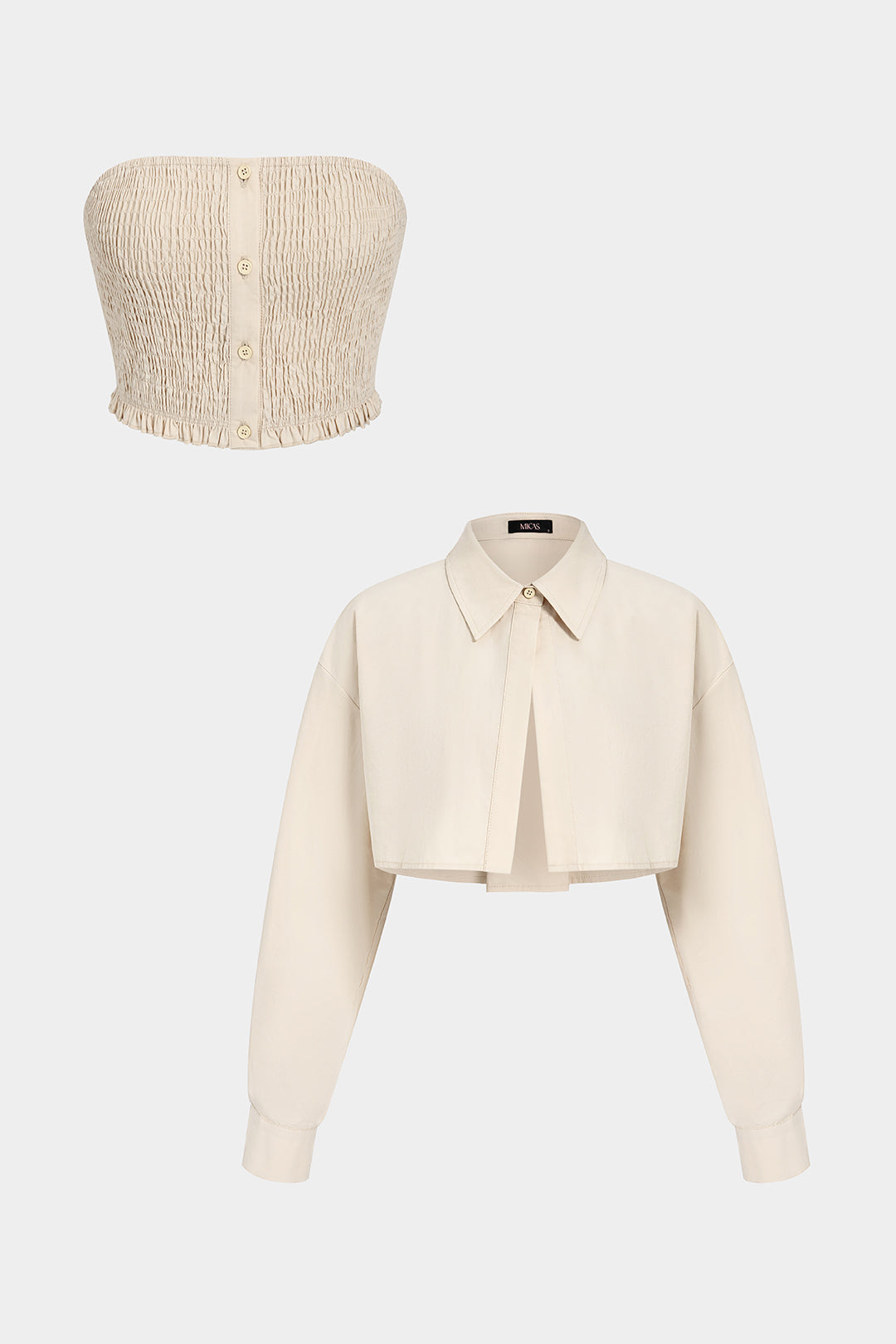 Button Smocked Tube Top And Lapel Long-Sleeve Shirt