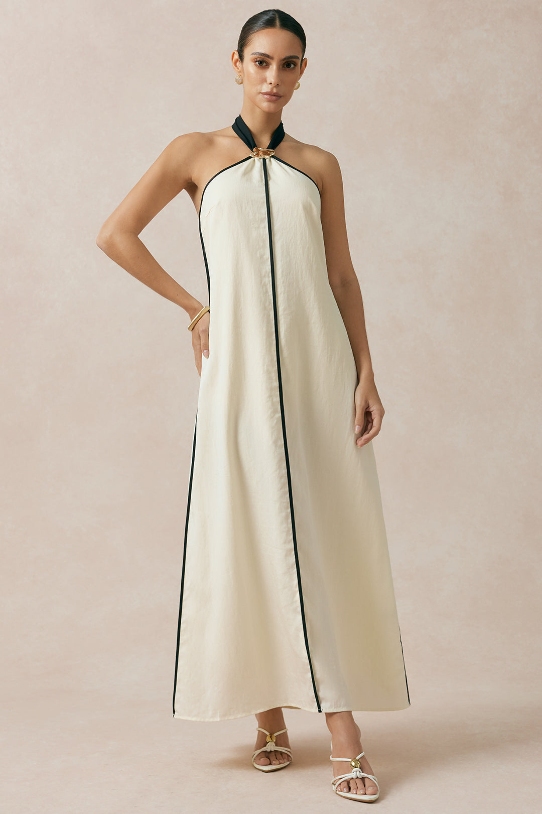 Contrast Trim Linen Halter Neck Tie Back Metallic Sleeveless  Maxi Dress