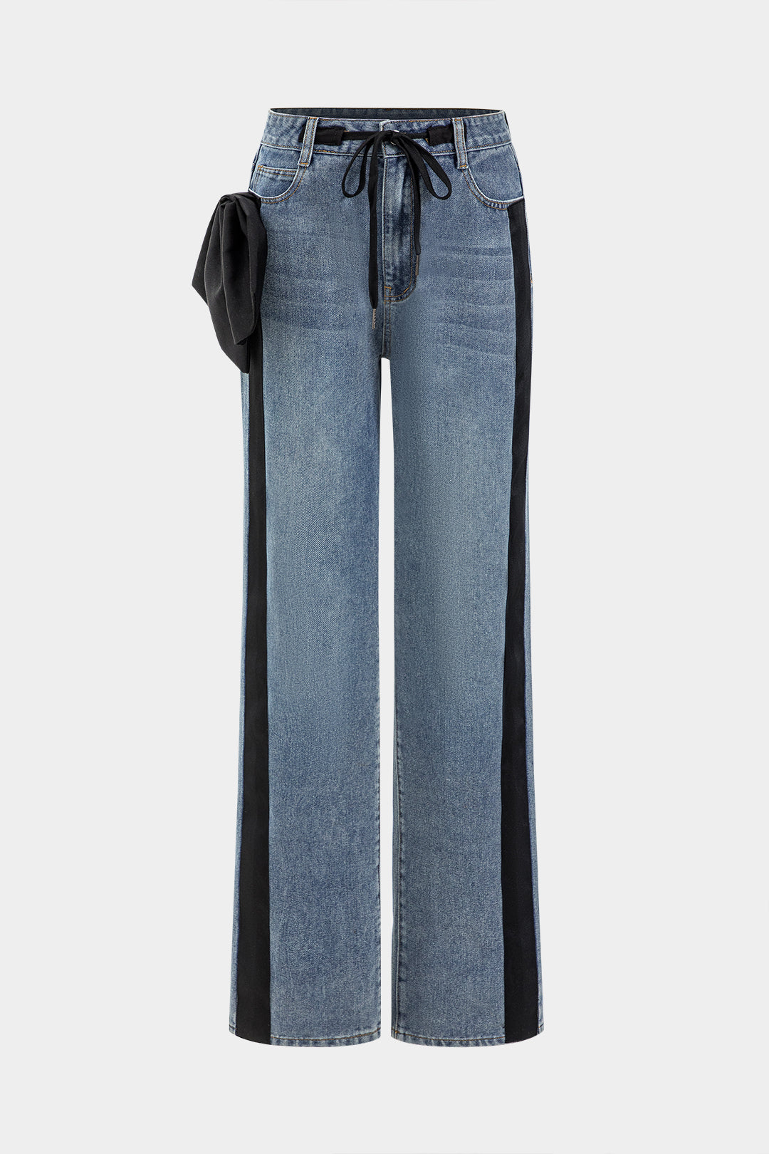 Bow Tie Patchwork Pocket Straight Leg Jeans
