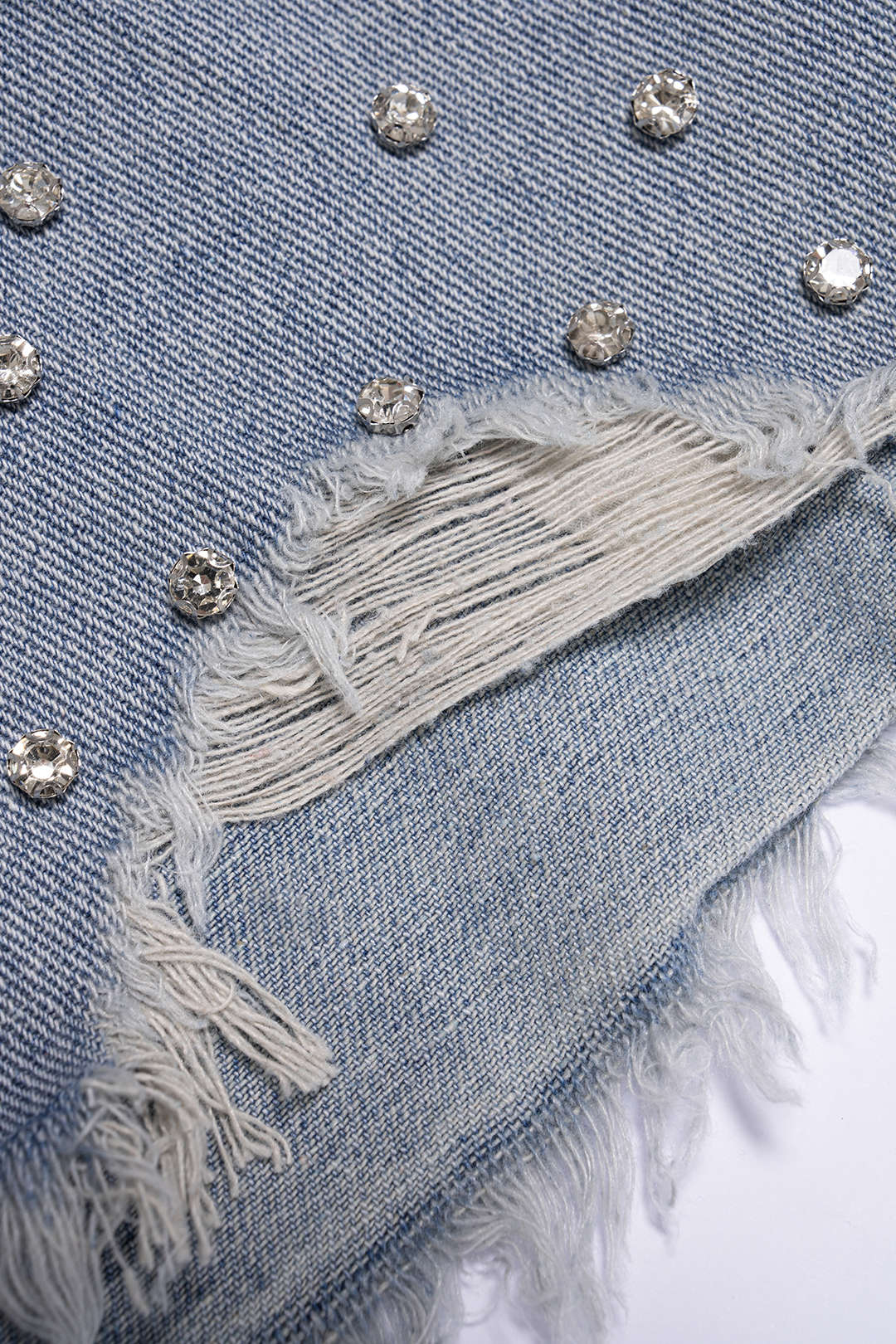 Denim Ripped Rhinestone Asymmetrical Shorts