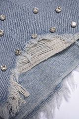 Denim Ripped Rhinestone Asymmetrical Shorts