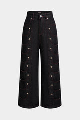 Denim Pocket Button Metallic Straight Leg Jeans