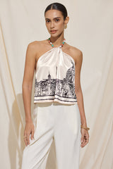 Artistic Print Satin Halter Neck Backless Tie-Up Beaded Top