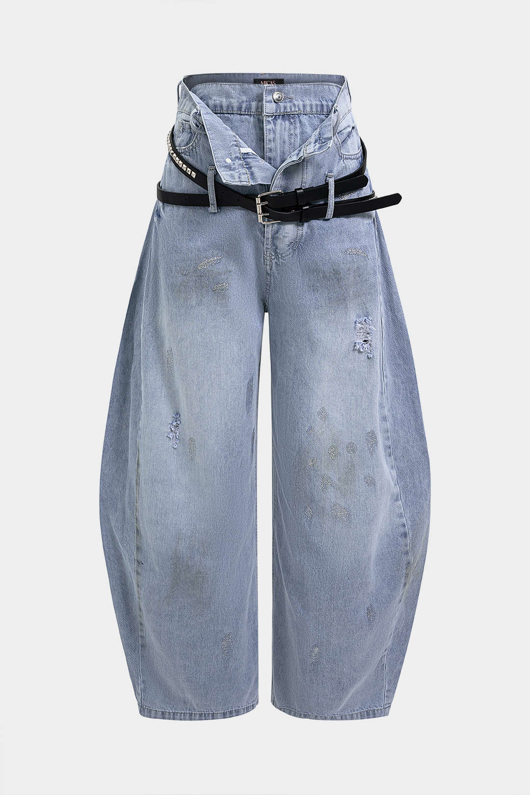 Denim Belted Frayed High Waist Zipper Wide Leg Jeans