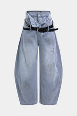 Denim Belted Frayed High Waist Zipper Wide Leg Jeans