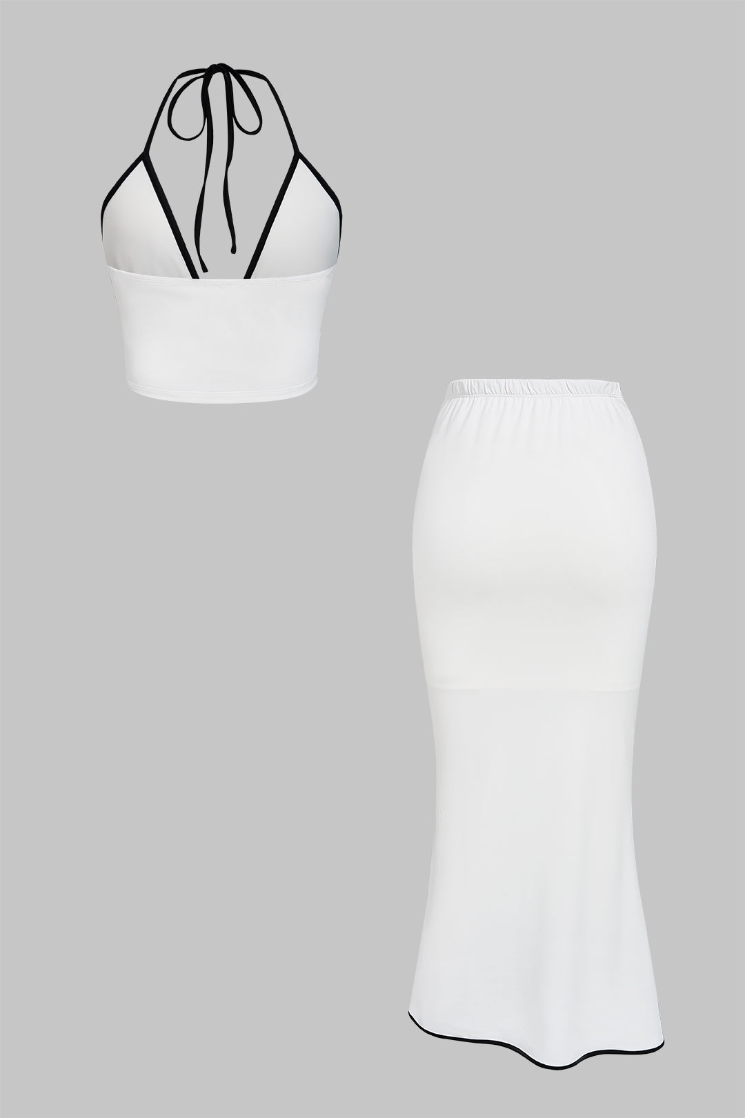 Contrast Trim Cut-Out Halter Neck Tie-Up Top And Asymmetrical Ruched Skirt Set