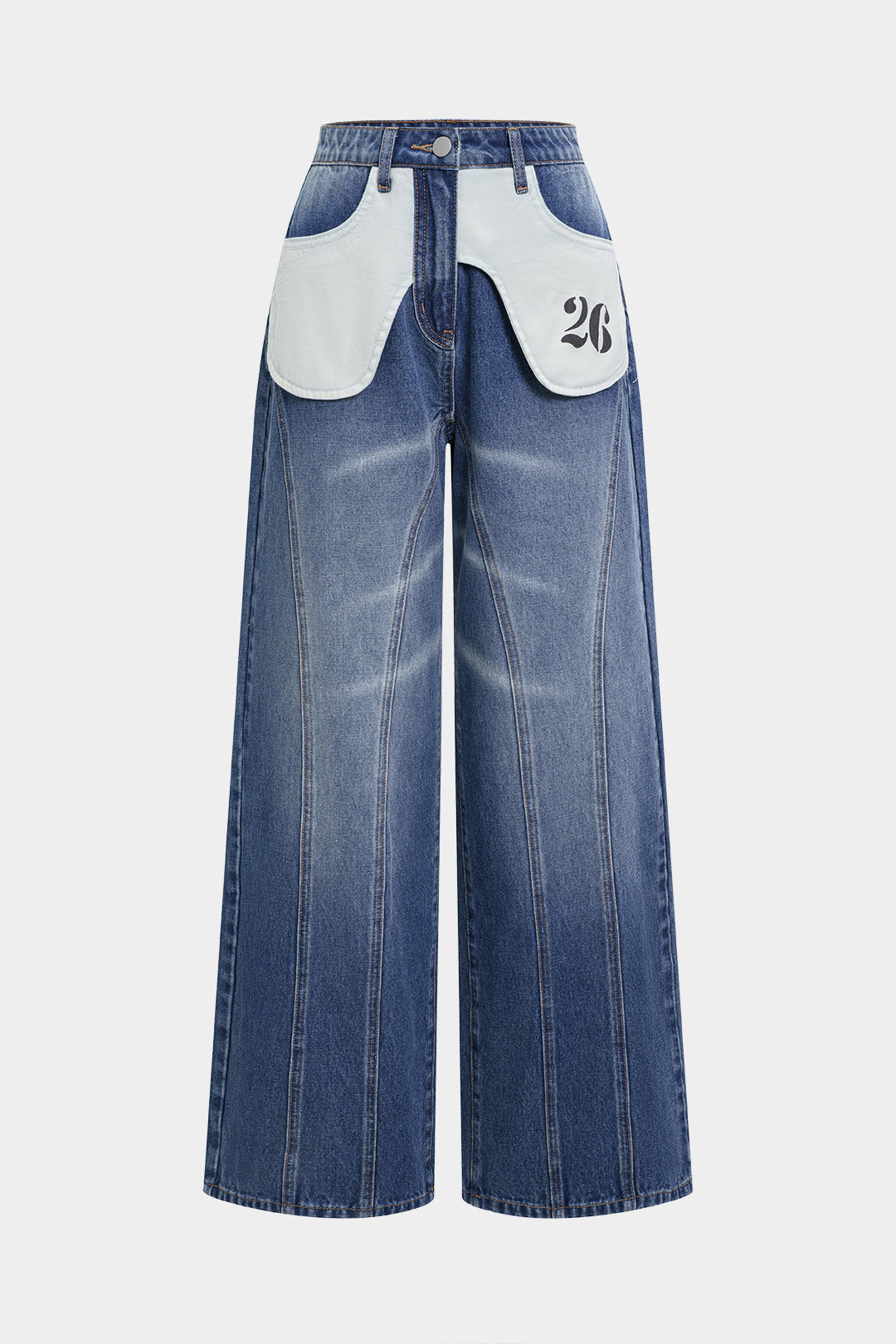 Denim Patchwork High Waist Straight Leg Jeans
