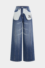 Denim Patchwork High Waist Straight Leg Jeans
