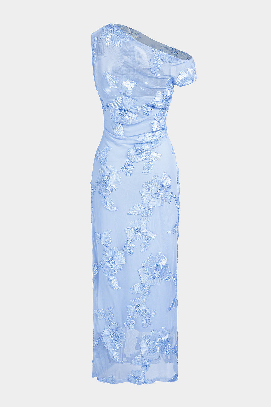 3D Floral Mesh One Shoulder Short Sleeve Maxi Dress