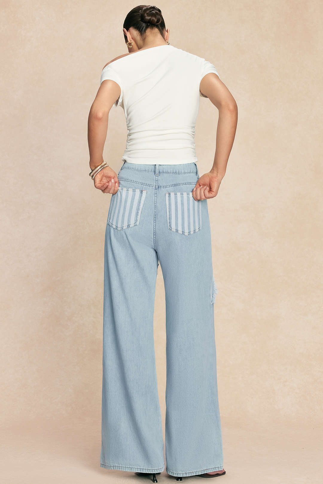 Denim Patchwork Stripes Print Asymmetrical Frayed Wide Leg Jeans