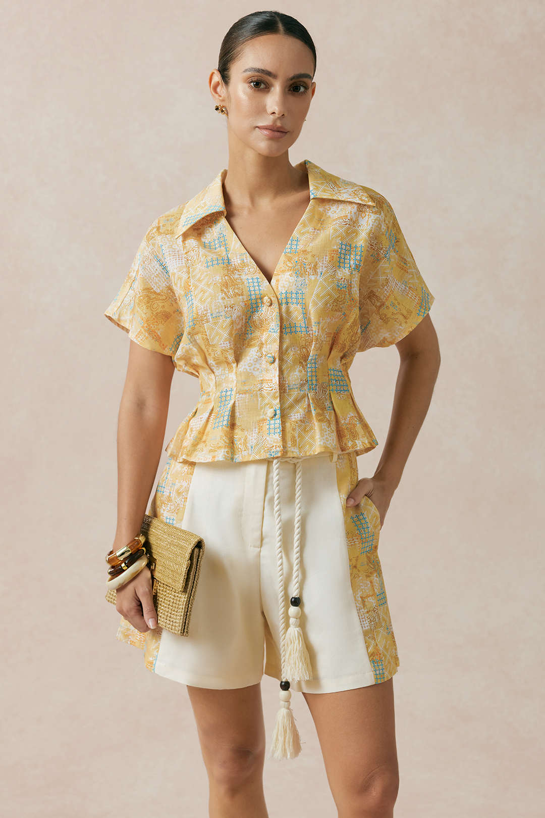 Contrast Print Linen Wide Leg Shorts