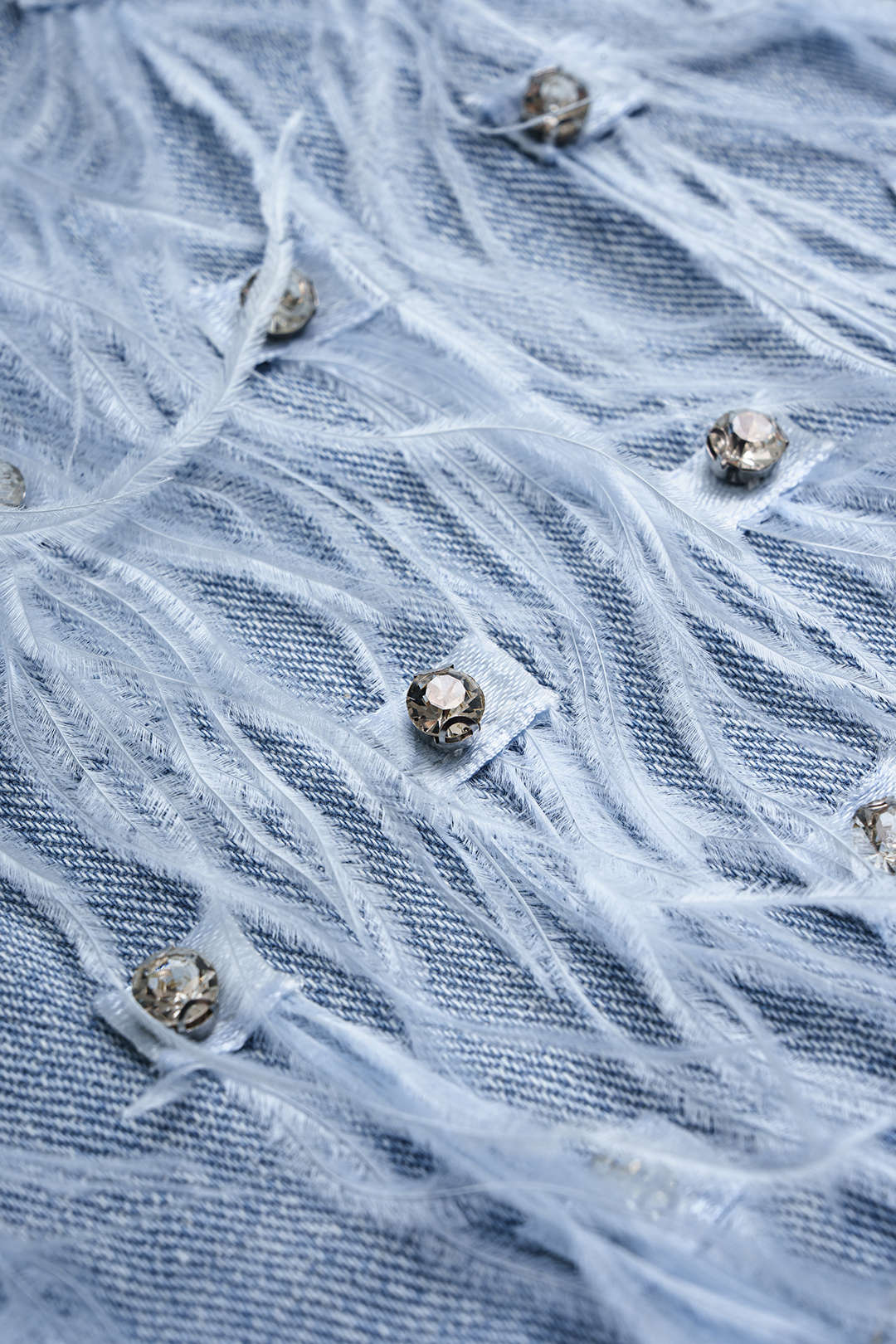 Denim Rhinestone Feather Frayed Wide Leg Shorts