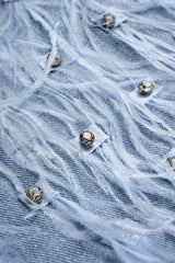 Denim Rhinestone Feather Frayed Wide Leg Shorts
