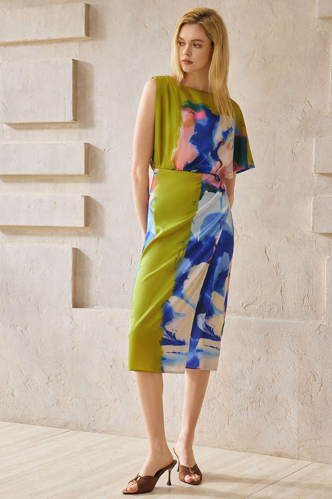 Abstract Print Satin Asymmetrical Short-Sleeve Maxi Dress