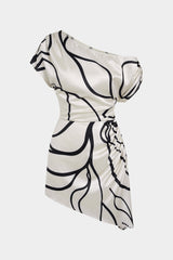 Contrast Print Satin One Shoulder Ruched Short Sleeve Mini Dress