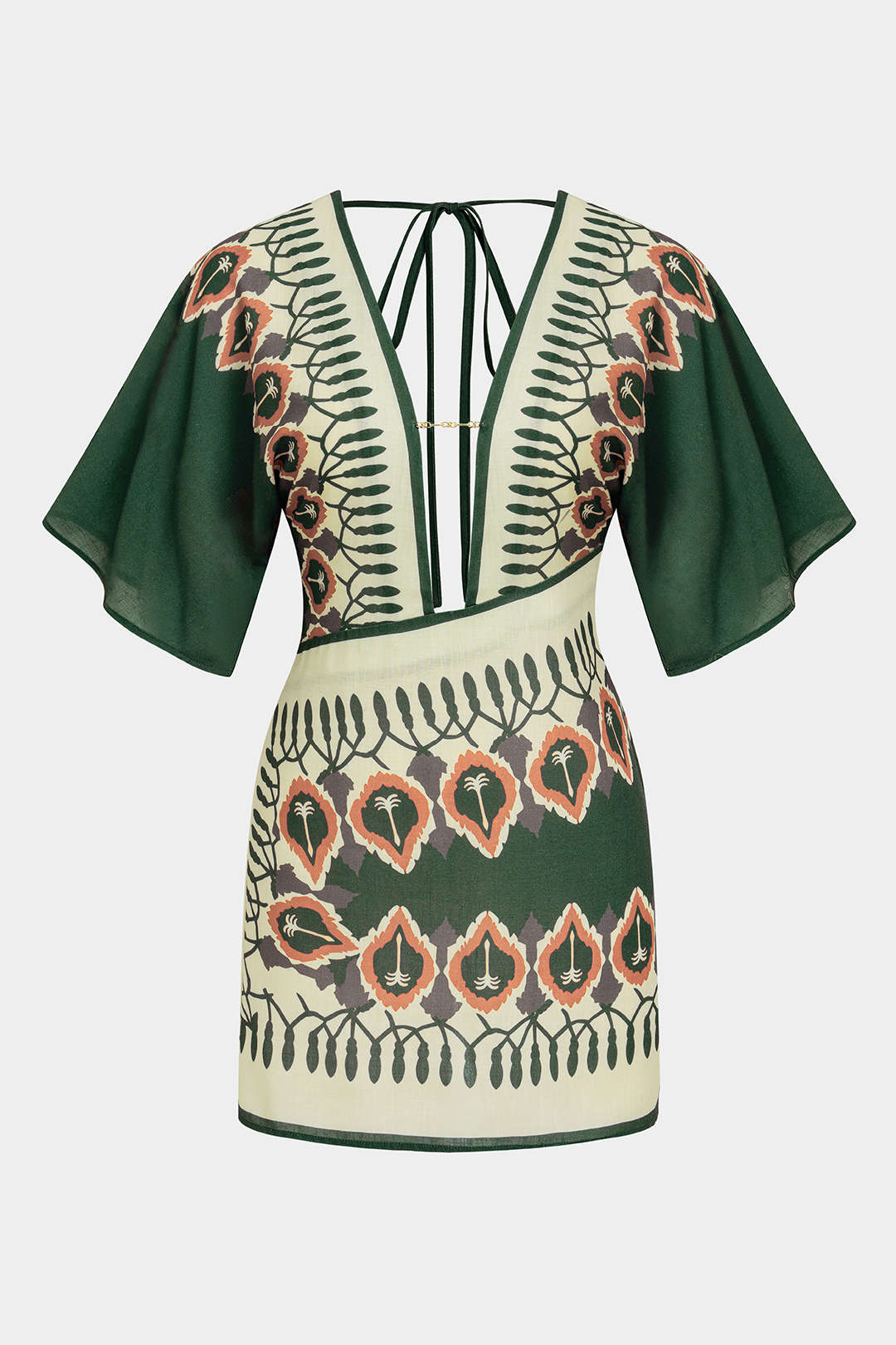 Artistic Print Linen Deep V-Neck Short Sleeve Mini Dress