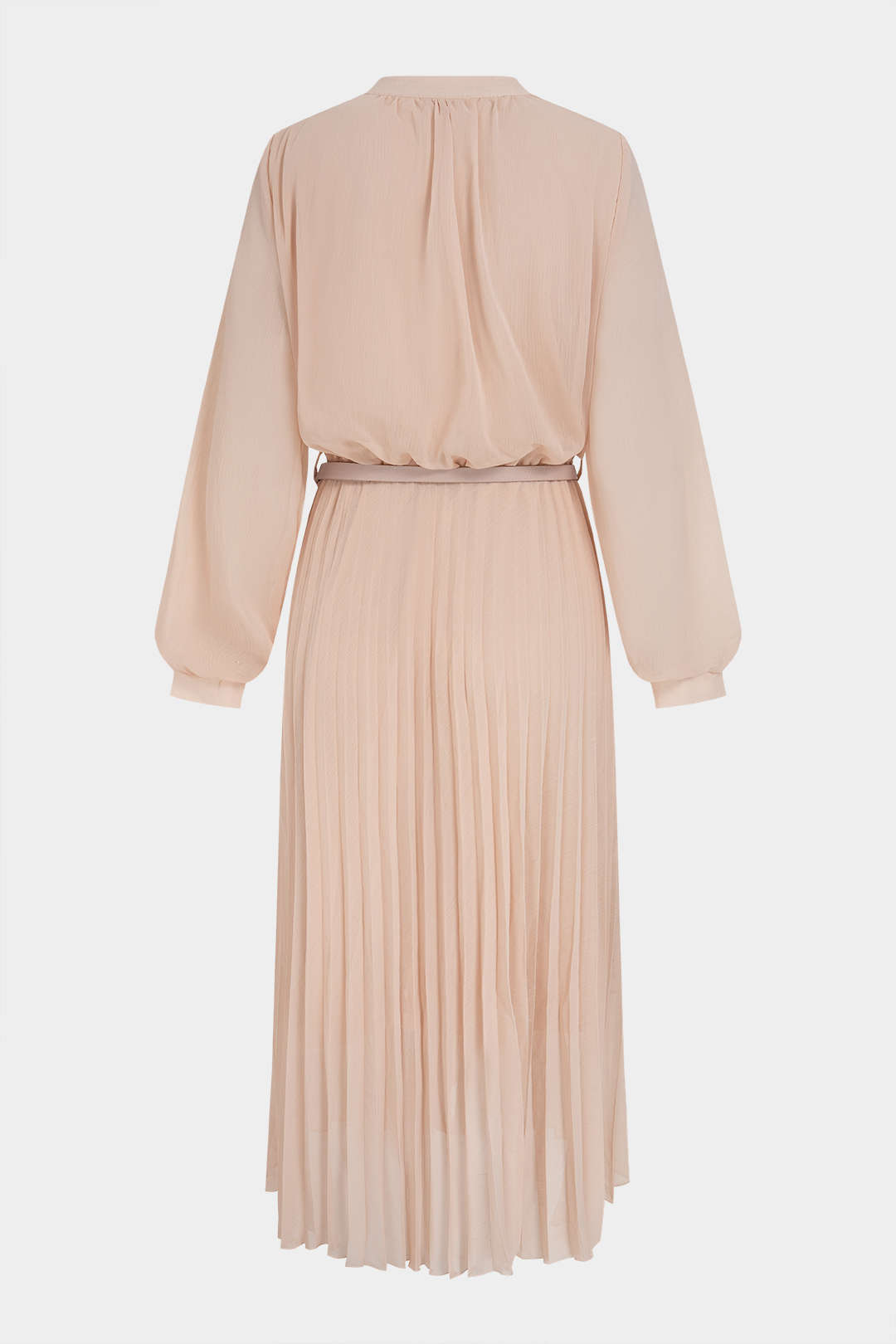 Chiffon Round Neck Belted Pleated Long Sleeve Midi Dress