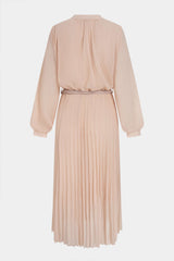 Chiffon Round Neck Belted Pleated Long Sleeve Midi Dress
