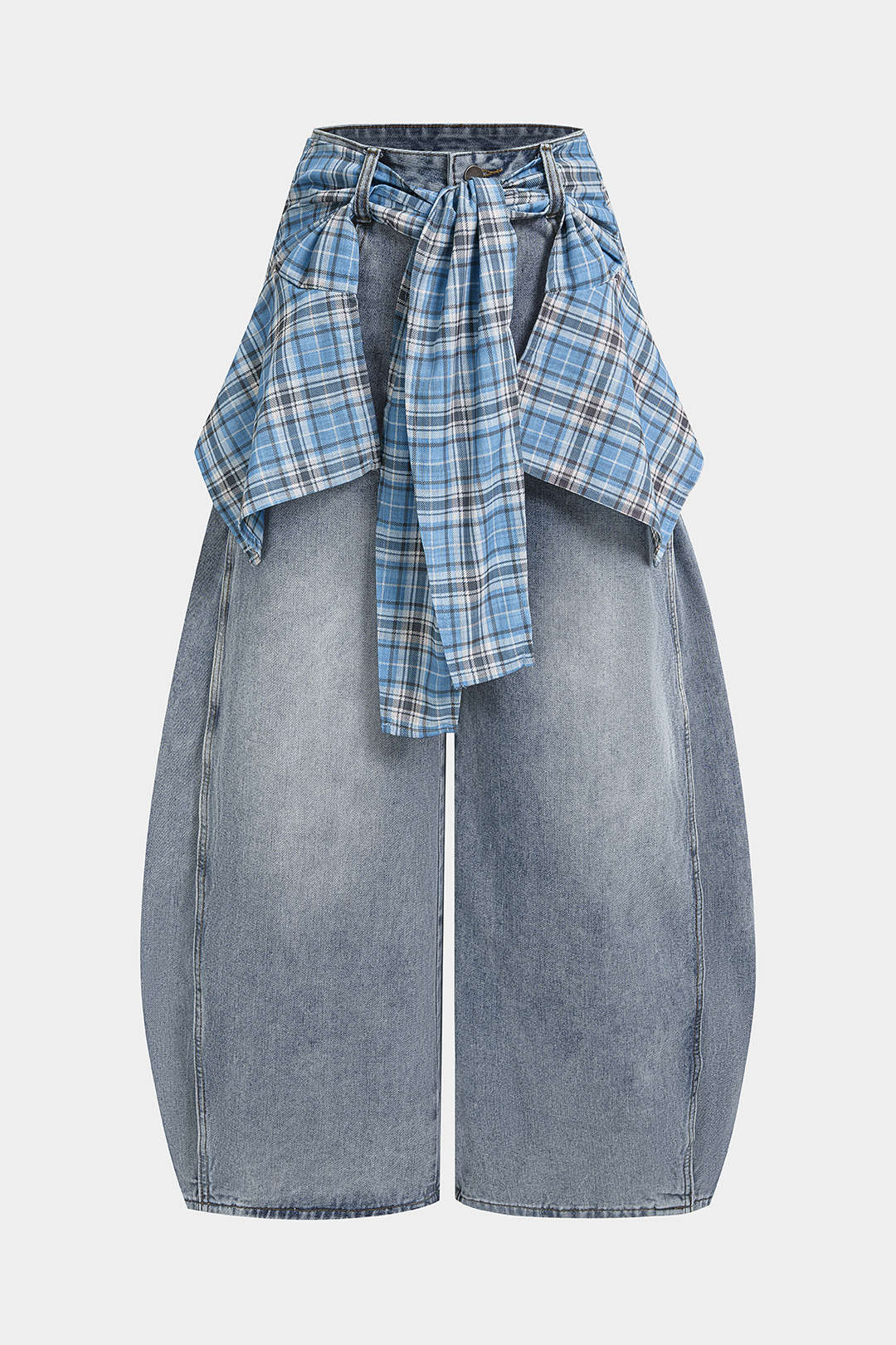 Denim Plaid Print Tie-Up Pocket High Waist Jeans