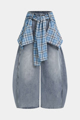Denim Plaid Print Tie-Up Pocket High Waist Jeans