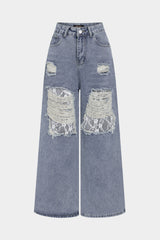 Denim Patchwork Lace Cut Out Frayed Wide Leg Jeans