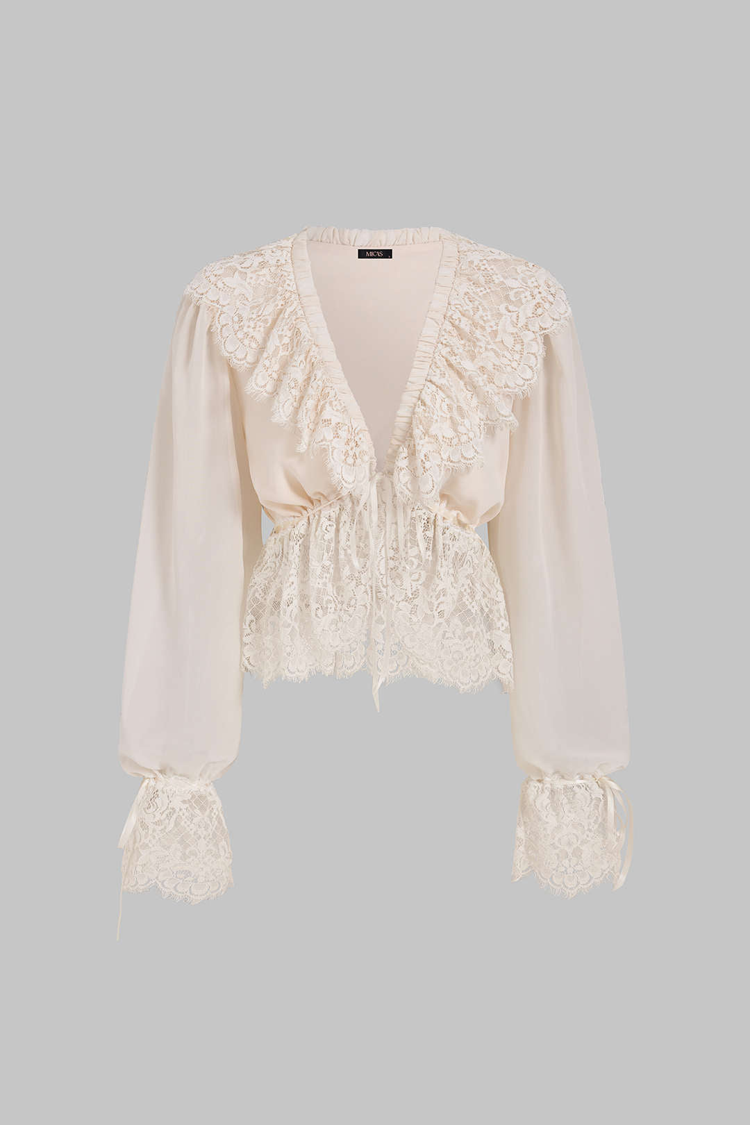 Chiffon Patchwork Lace Trim Drawstring Long Sleeve Shirt