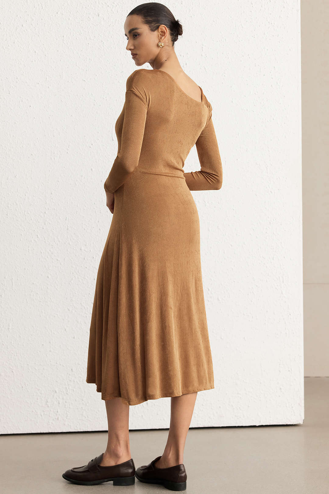 Asymmetrical Neck Long Sleeve Midi Dress