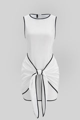 Contrast Binding Round Neck Tie Front Sleeveless Mini Dress