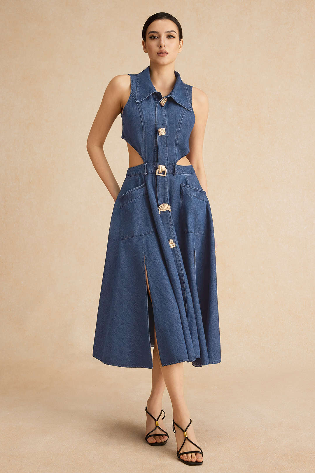 Denim Button Cut Out Midi Dress