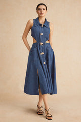 Denim Button Cut Out Midi Dress