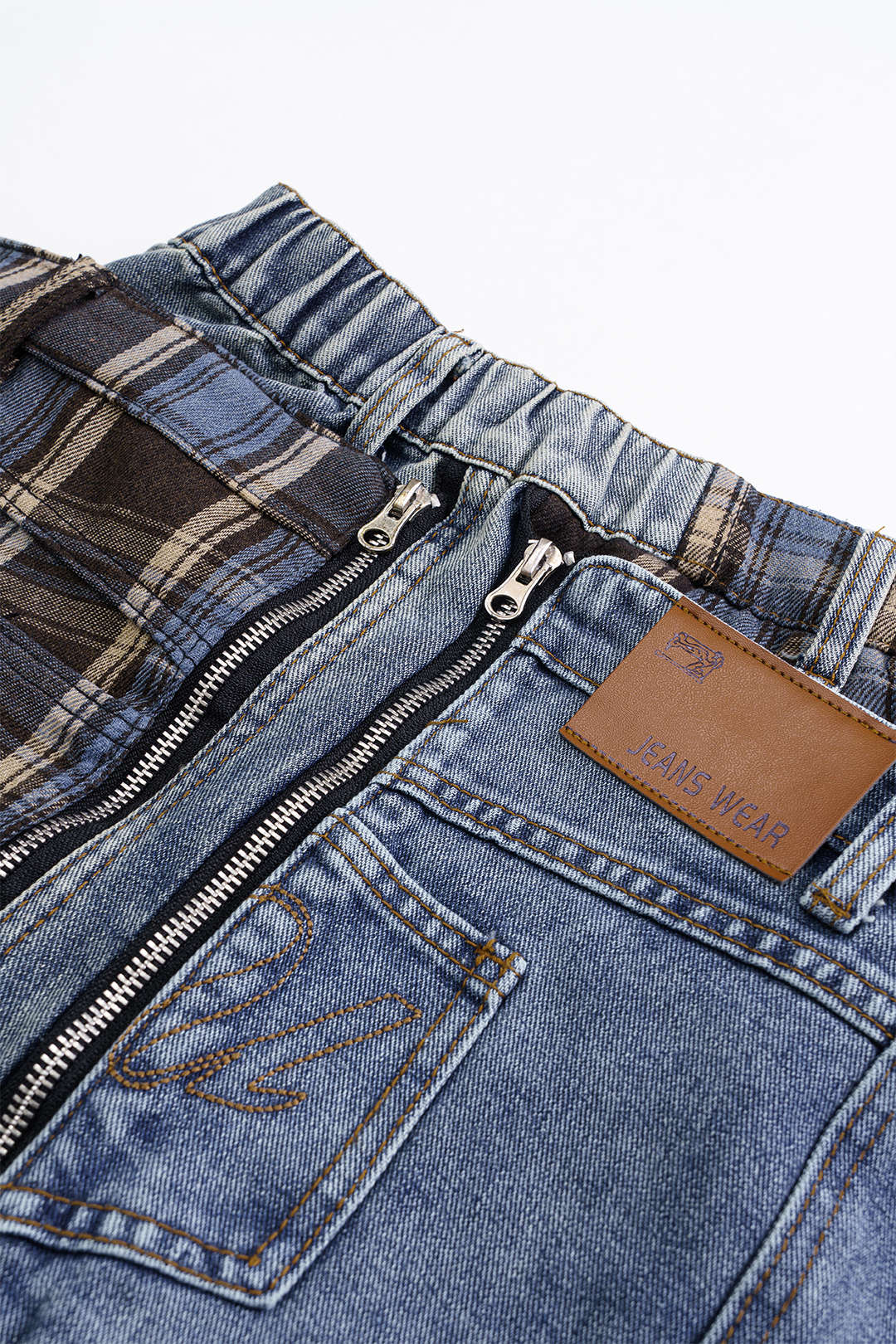 Denim Patchwork Plaid Print Washed Jeans