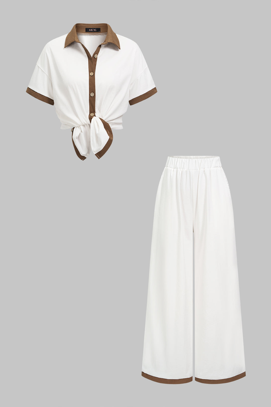 Contrast Trim Lapel Button Short Sleeve Shirt And Wide Leg Pants Set