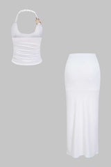 Asymmetrical Twist Knot Metallic Skirt Set