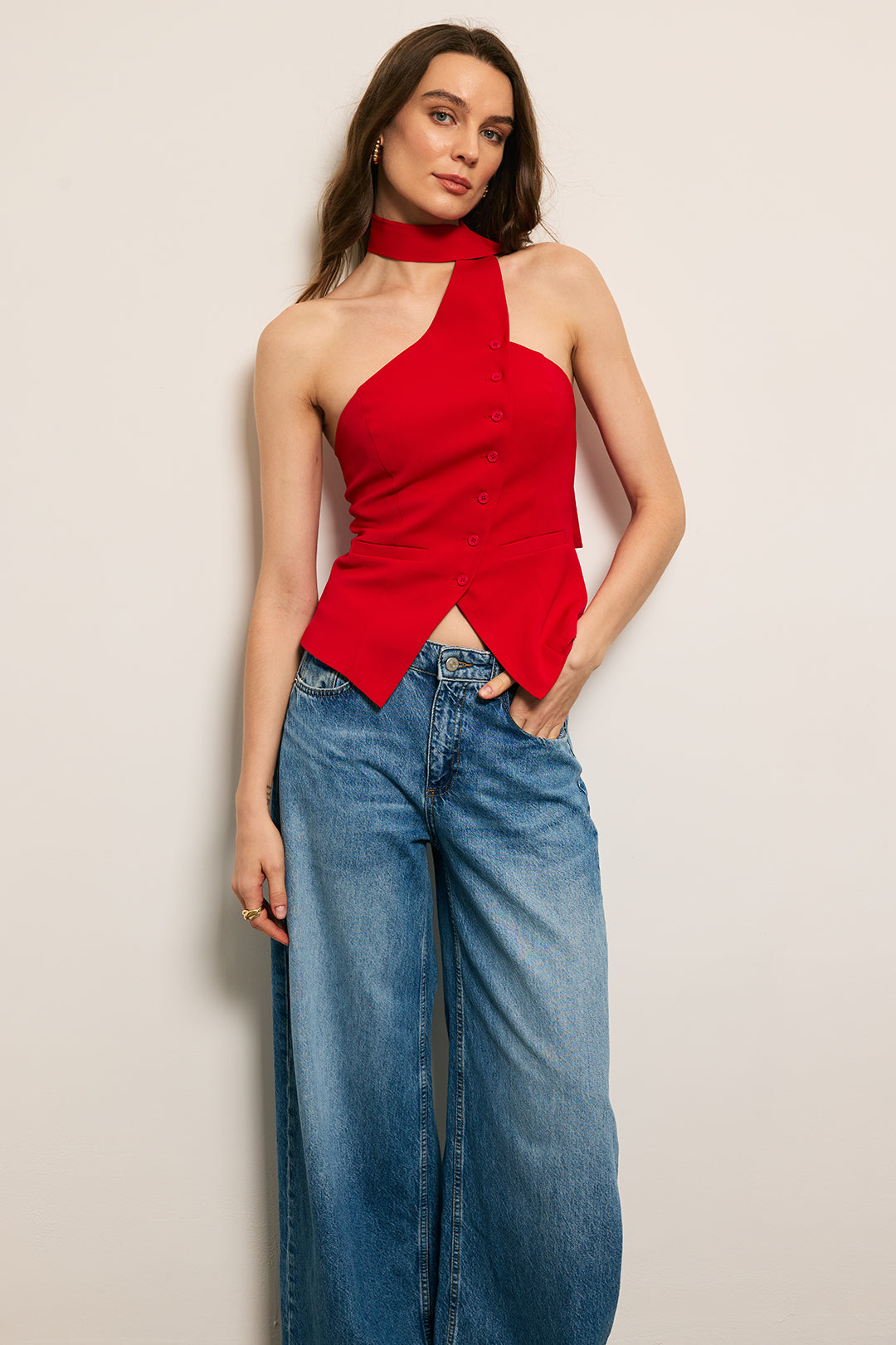 Button Halter Neck Backless Tank Top