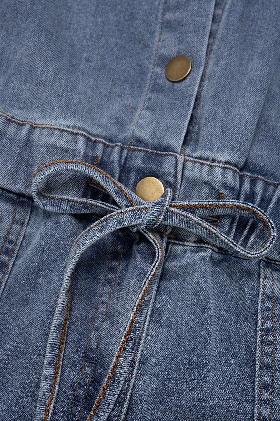 Denim Button Drawstring Pocket Short-Sleeve Jumpsuit
