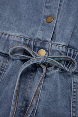 Denim Button Drawstring Pocket Short-Sleeve Jumpsuit