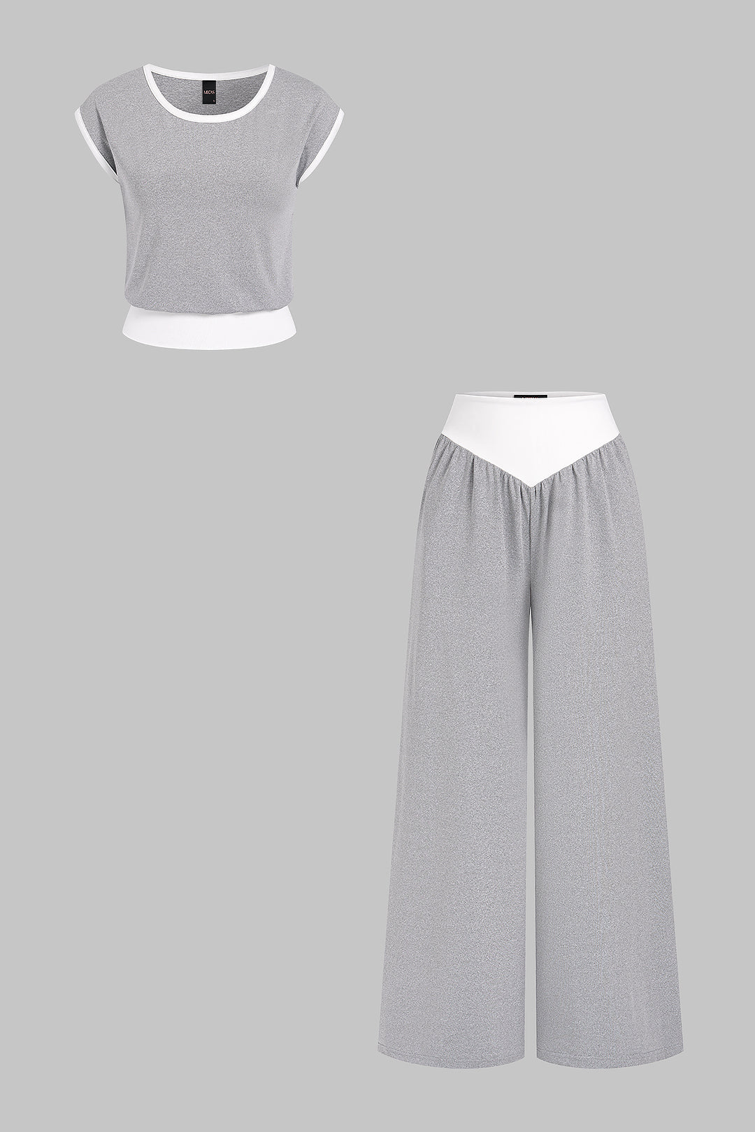 Contrast Round Neck Short Sleeve T-Shirt And Ruched Wide Leg Pants
